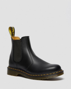 Dr Martens 2976 Yellow Stitch Smooth Leather Chelsea Bot Kadın Siyah | 29468388